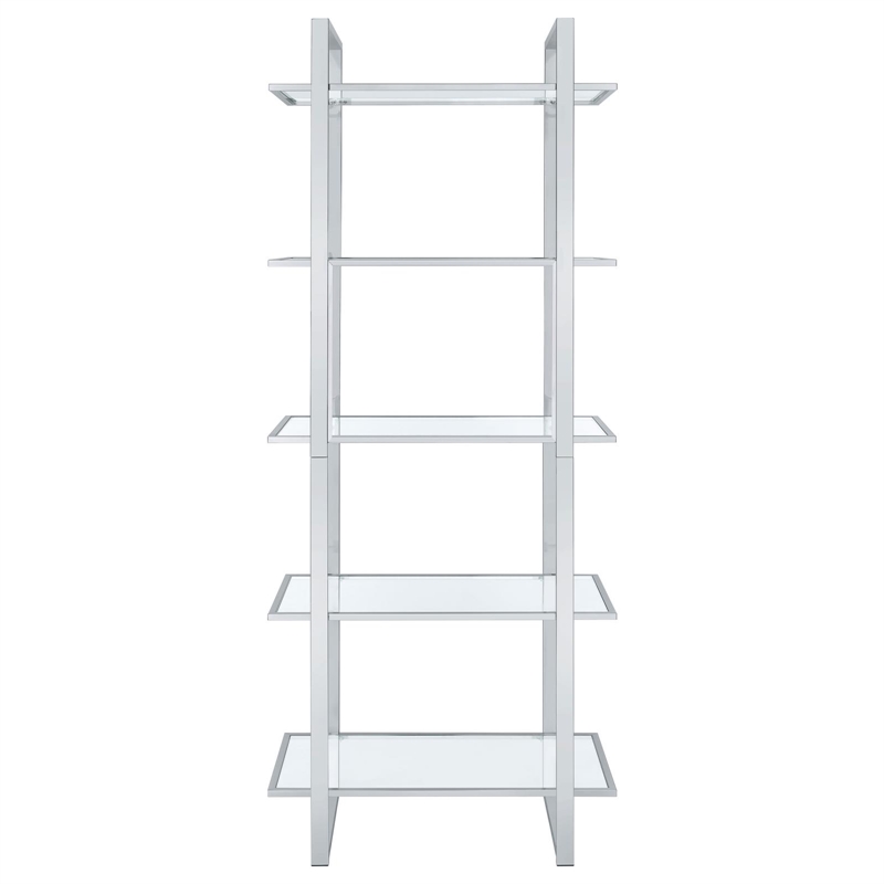 Pemberly Row 79-inch 5-shelf Tempered Glass Bookshelf in Chrome
