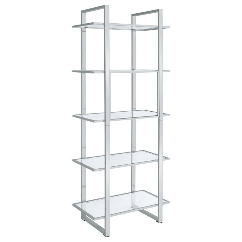 Pemberly Row 79-inch 5-shelf Tempered Glass Bookshelf in Chrome