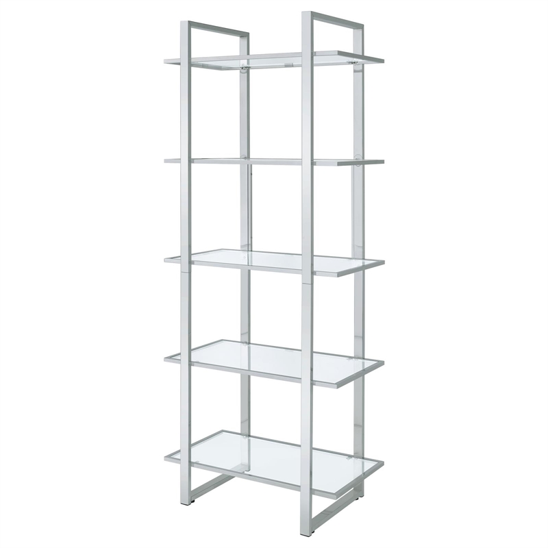 Pemberly Row 79-inch 5-shelf Tempered Glass Bookshelf in Chrome