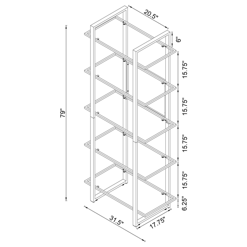 Pemberly Row 79-inch 5-shelf Tempered Glass Bookshelf in Chrome
