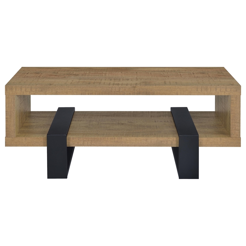 Pemberly Row Engineered Wood Cocktail Coffee Table with Shelf in Mango
