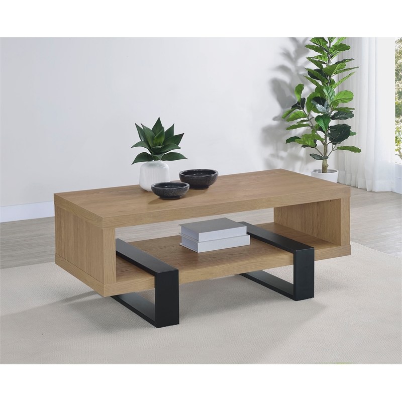 Pemberly Row Engineered Wood Cocktail Coffee Table with Shelf in Latte