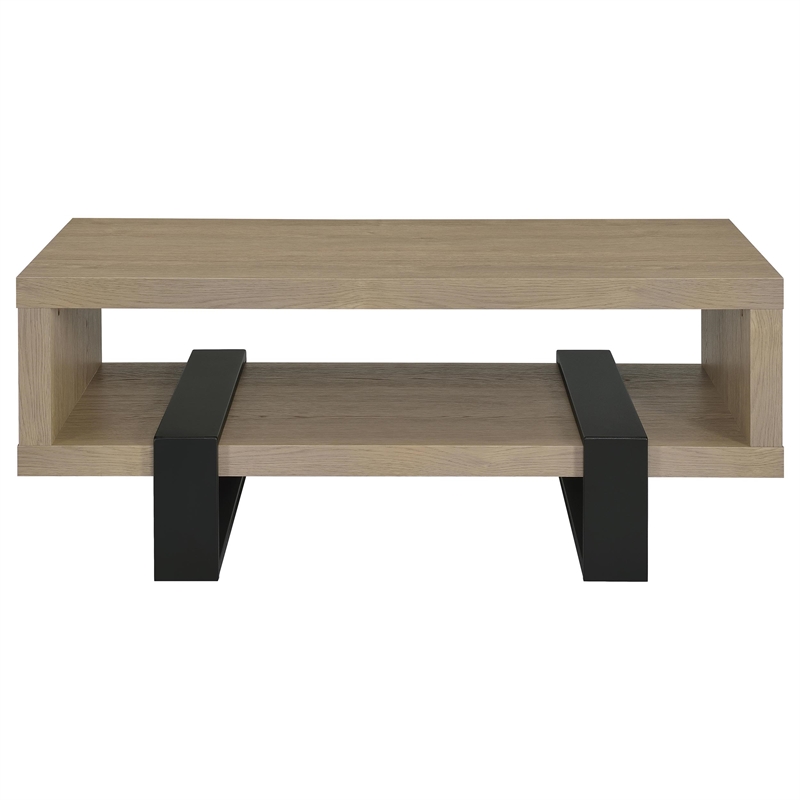 Pemberly Row Engineered Wood Cocktail Coffee Table with Shelf in Latte