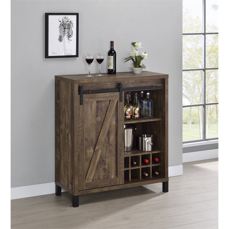 Pemberly Row Sliding Door Home Bar Wine Cabinet in Rustic Oak
