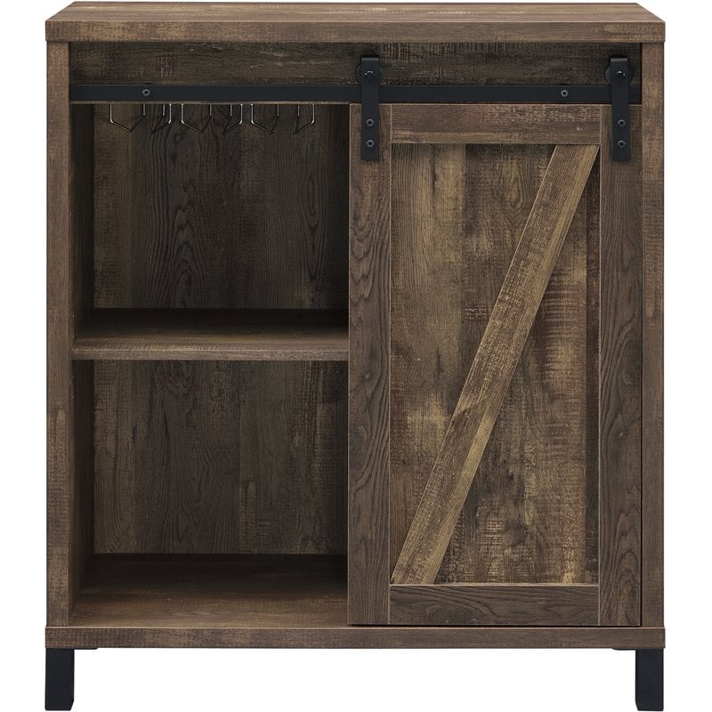 Pemberly Row Sliding Door Home Bar Wine Cabinet in Rustic Oak