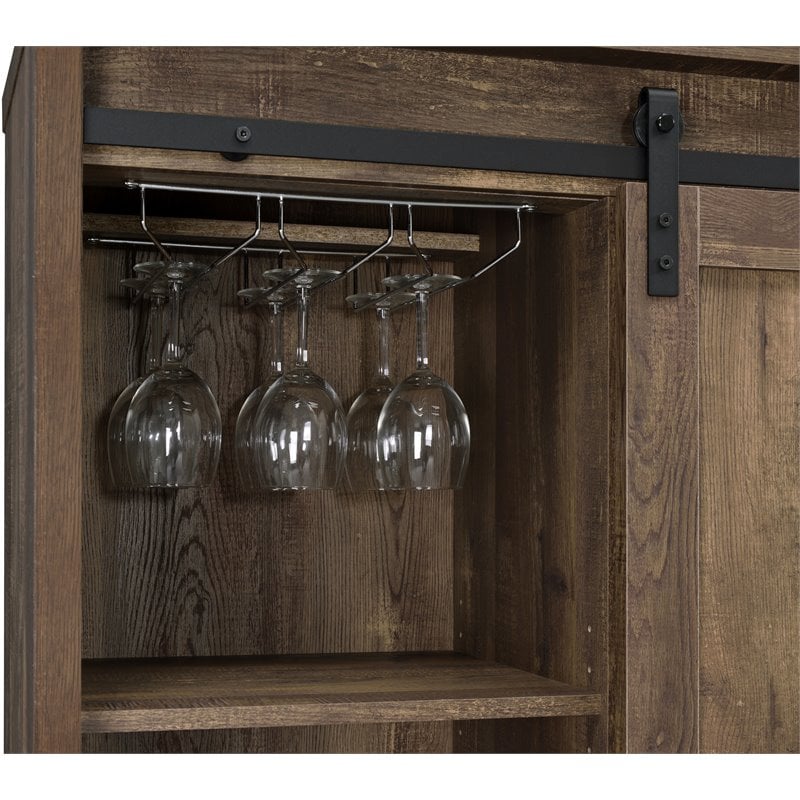 Pemberly Row Sliding Door Home Bar Wine Cabinet in Rustic Oak