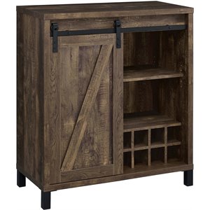 Pemberly Row Sliding Door Home Bar Wine Cabinet in Rustic Oak