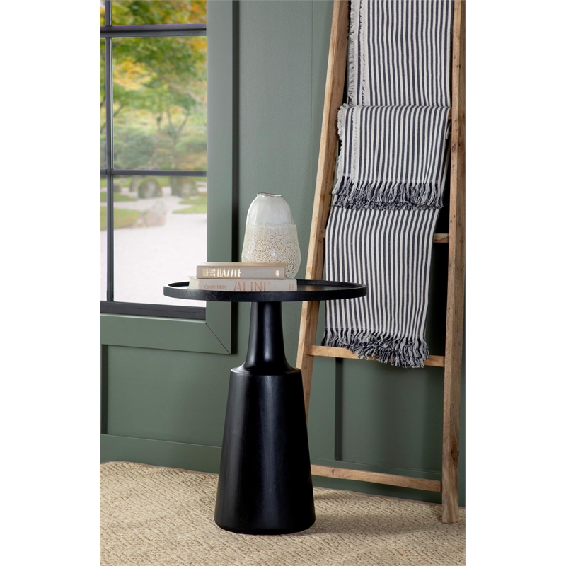 Pemberly Row Round Solid Mango Wood Accent Side Table in Black Stain