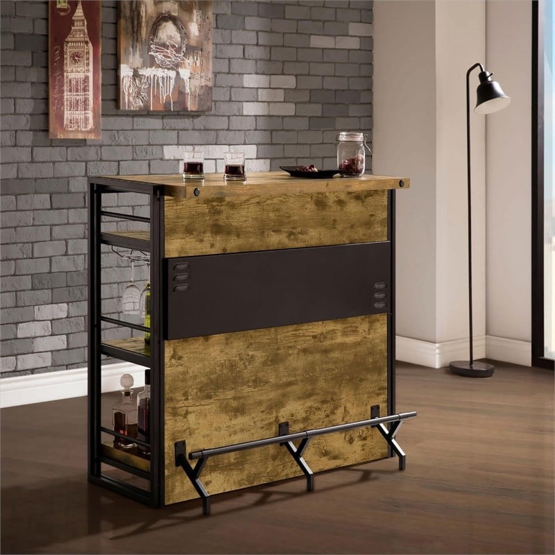 Pemberly Row 3-shelf Home Bar Wine Cabinet with Footrest in Rustic Nutmeg