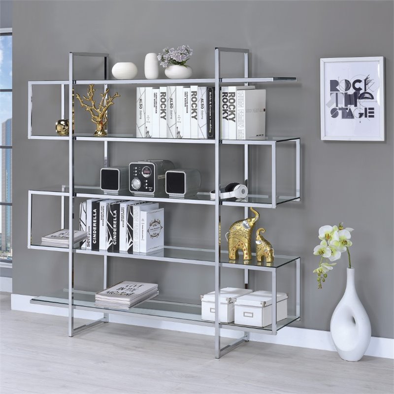 Pemberly Row 63-inch 5-shelf Tempered Glass Bookshelf in Clear and Chrome