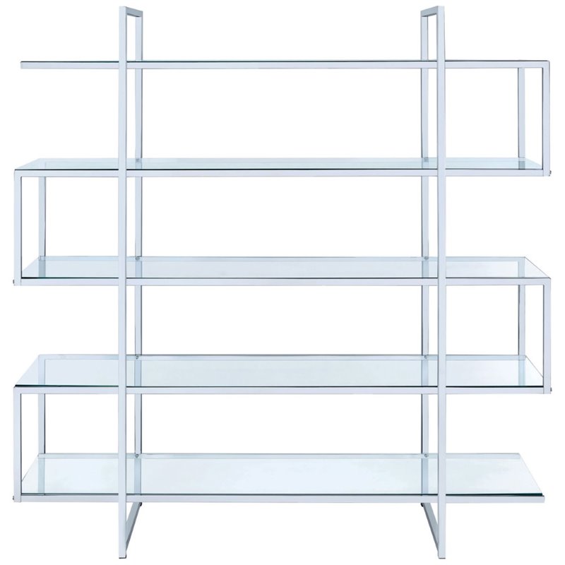 Pemberly Row 63-inch 5-shelf Tempered Glass Bookshelf in Clear and Chrome