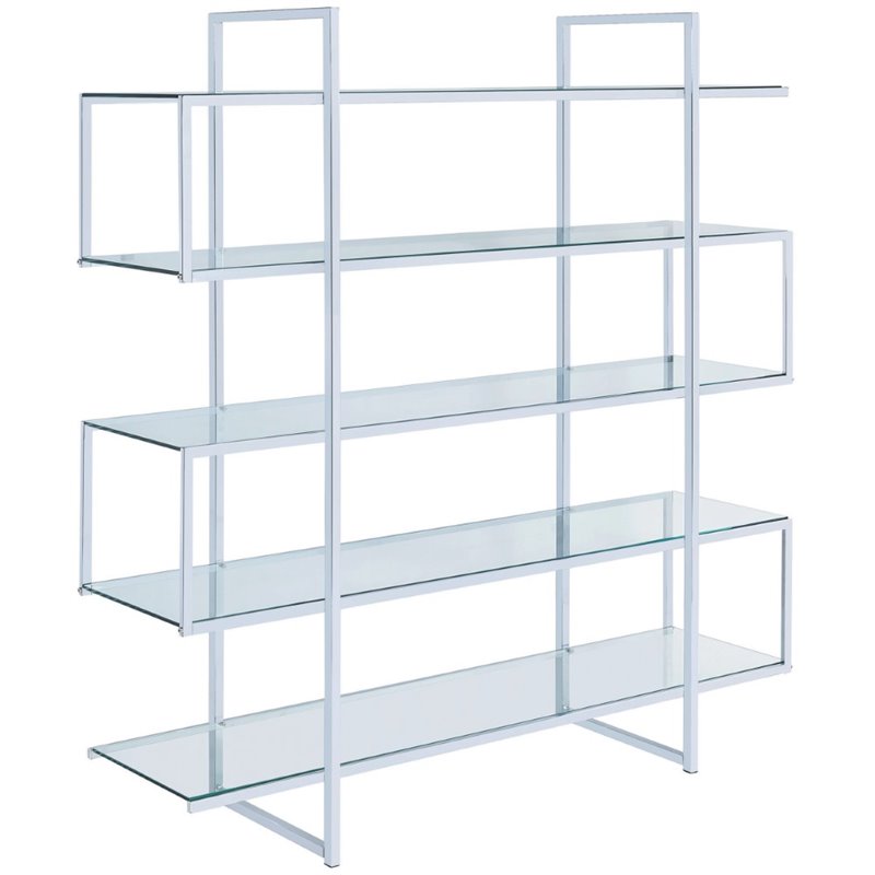 Pemberly Row 63-inch 5-shelf Tempered Glass Bookshelf in Clear and Chrome