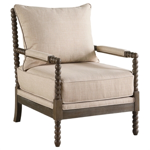 Pemberly Row Upholstered Bobbin Accent Chair in Beige and Natural