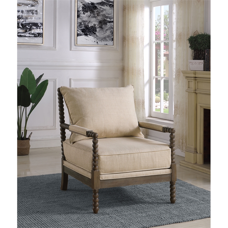Pemberly Row Upholstered Bobbin Accent Chair in Beige and Natural