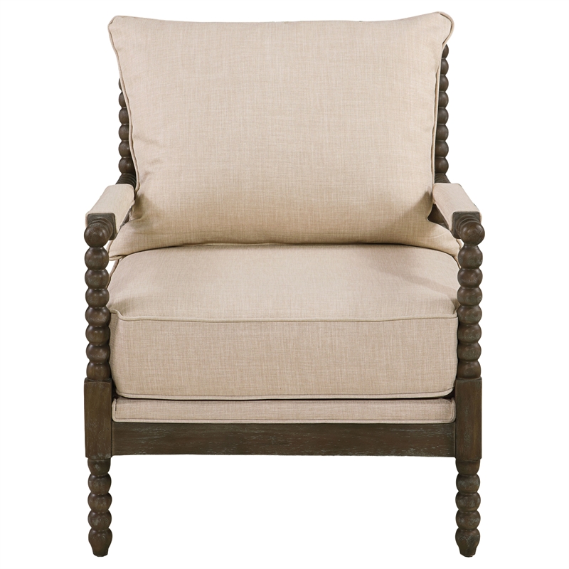 Pemberly Row Upholstered Bobbin Accent Chair in Beige and Natural