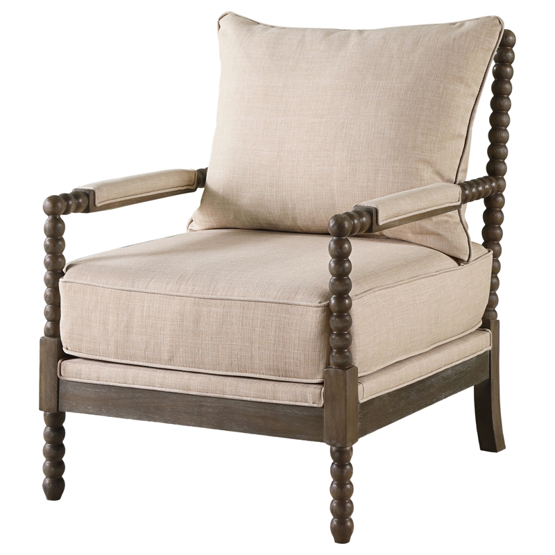Pemberly Row Upholstered Bobbin Accent Chair in Beige and Natural