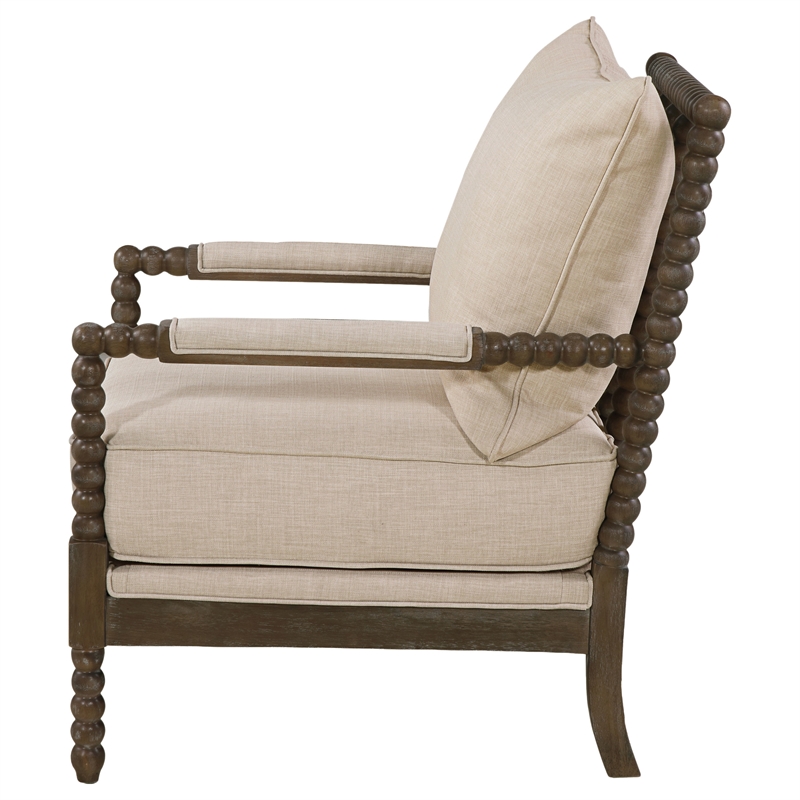 Pemberly Row Upholstered Bobbin Accent Chair in Beige and Natural