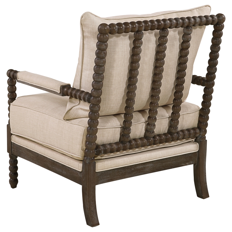 Pemberly Row Upholstered Bobbin Accent Chair in Beige and Natural