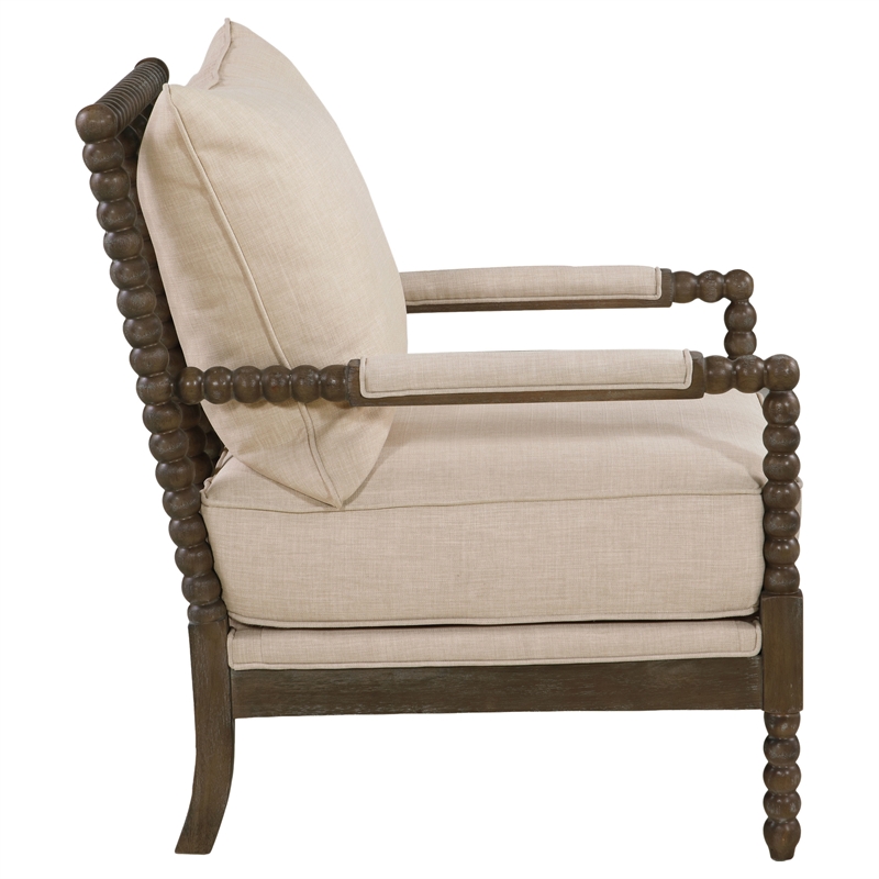 Pemberly Row Upholstered Bobbin Accent Chair in Beige and Natural