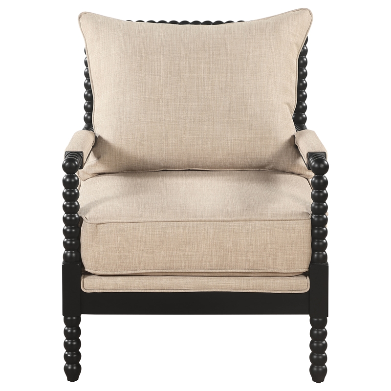 Pemberly Row Bobbin Accent Chair in Beige Fabric and Black Frame
