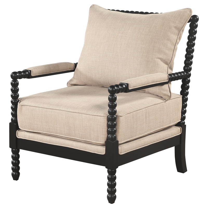Pemberly Row Bobbin Accent Chair in Beige Fabric and Black Frame