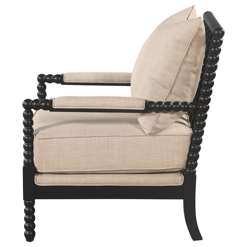Pemberly Row Bobbin Accent Chair in Beige Fabric and Black Frame