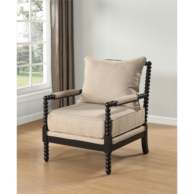 Pemberly Row Bobbin Accent Chair in Beige Fabric and Black Frame