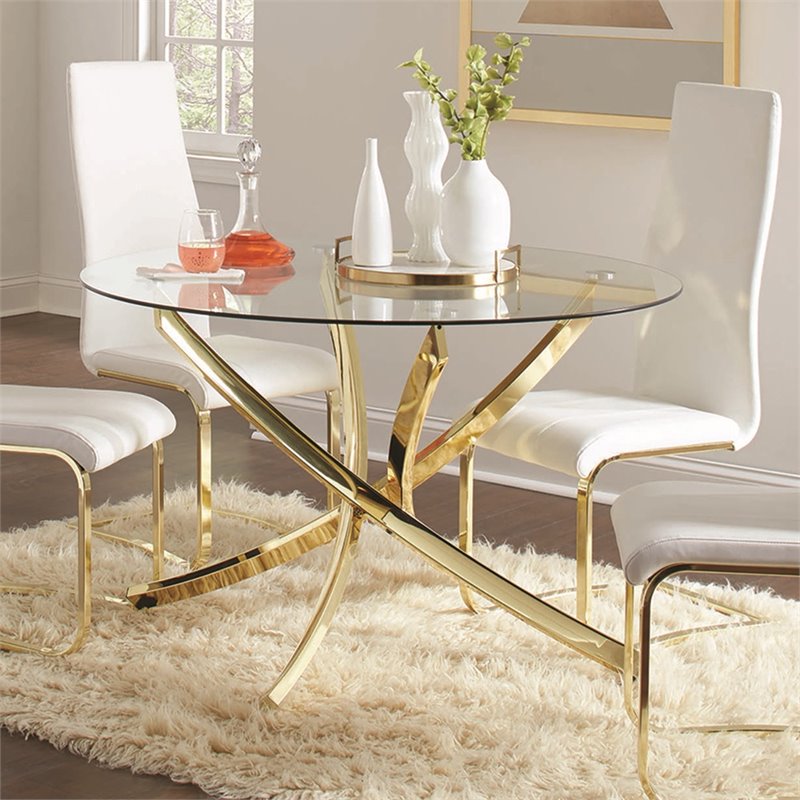 Pemberly Row Round 46-Inch Tempered Glass Top Dining Table in Brass