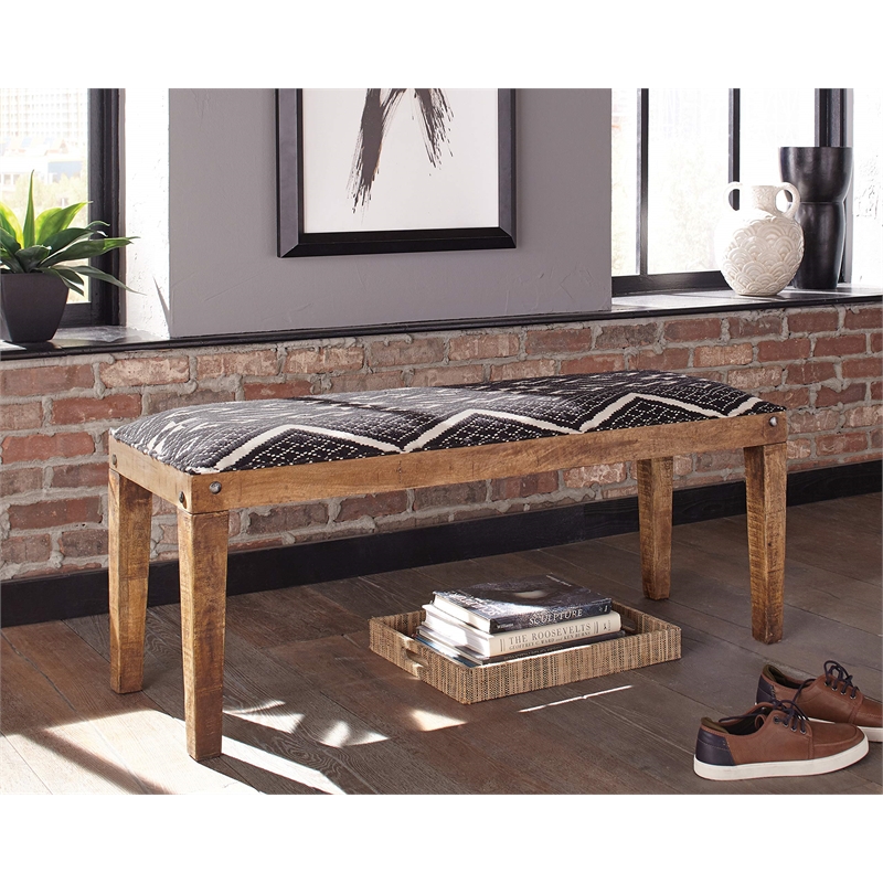 Pemberly Row Fabric Upholstered Accent Bench in Black and Natural