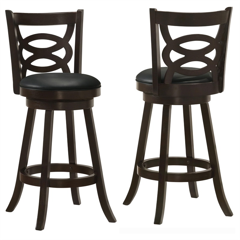 Pemberly Row 2-Piece Open-Back Wood Swivel Bar Chair Set in Cappuccino
