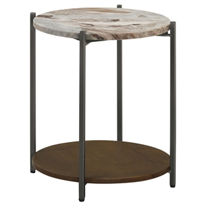 Pemberly Row Round Marble Top Accent Side Table in White and Gunmetal