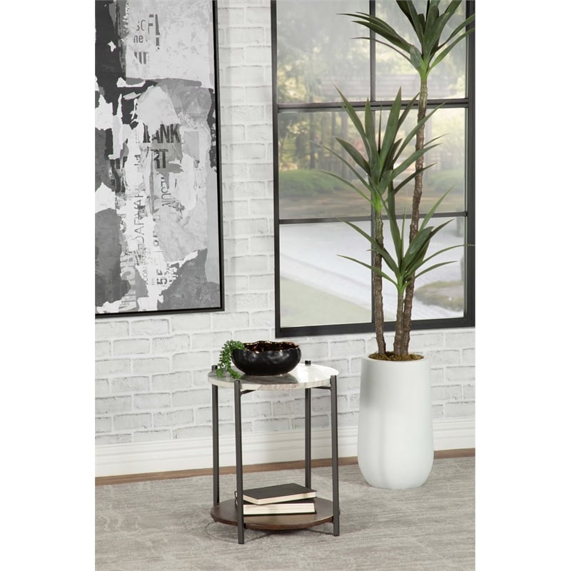 Pemberly Row Round Marble Top Accent Side Table in White and Gunmetal