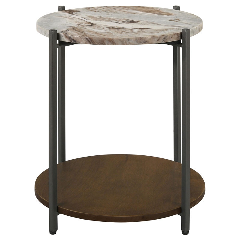 Pemberly Row Round Marble Top Accent Side Table in White and Gunmetal
