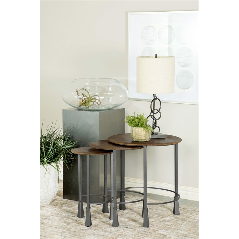 Pemberly Row 3-piece Round Nesting Table Set in Natural and Gunmetal