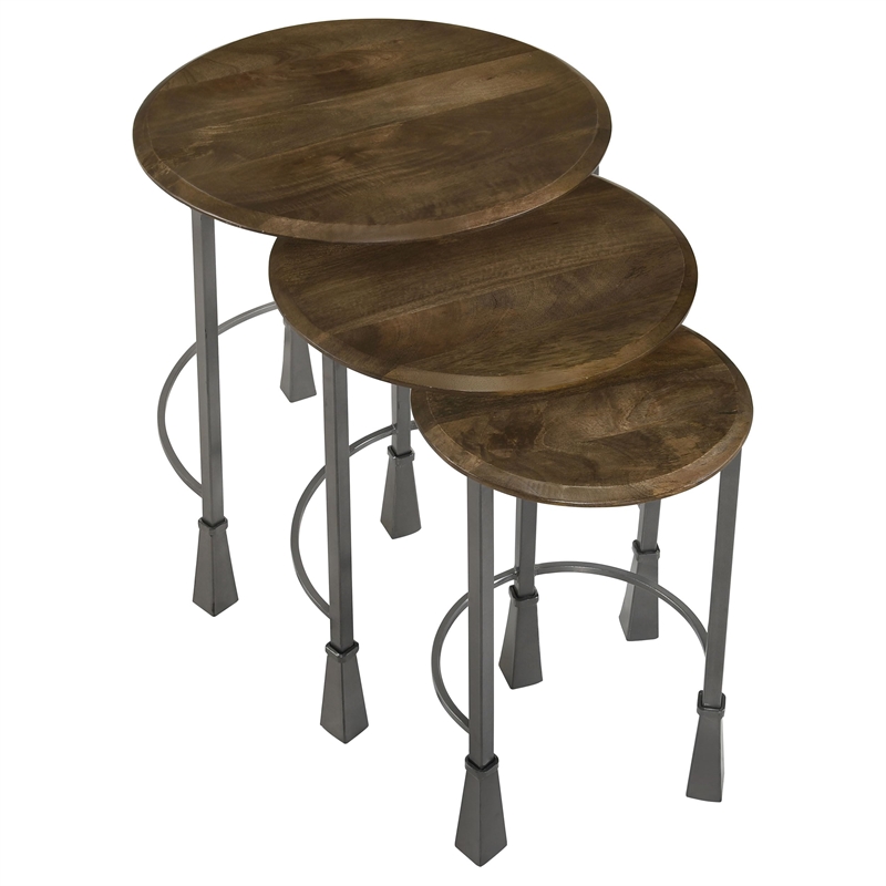 Pemberly Row 3-piece Round Nesting Table Set in Natural and Gunmetal