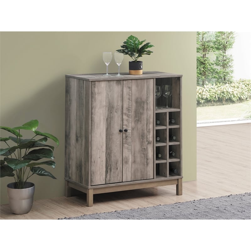Pemberly Row 2-Doors Home Bar Wine Cabinet in Weathered Acacia