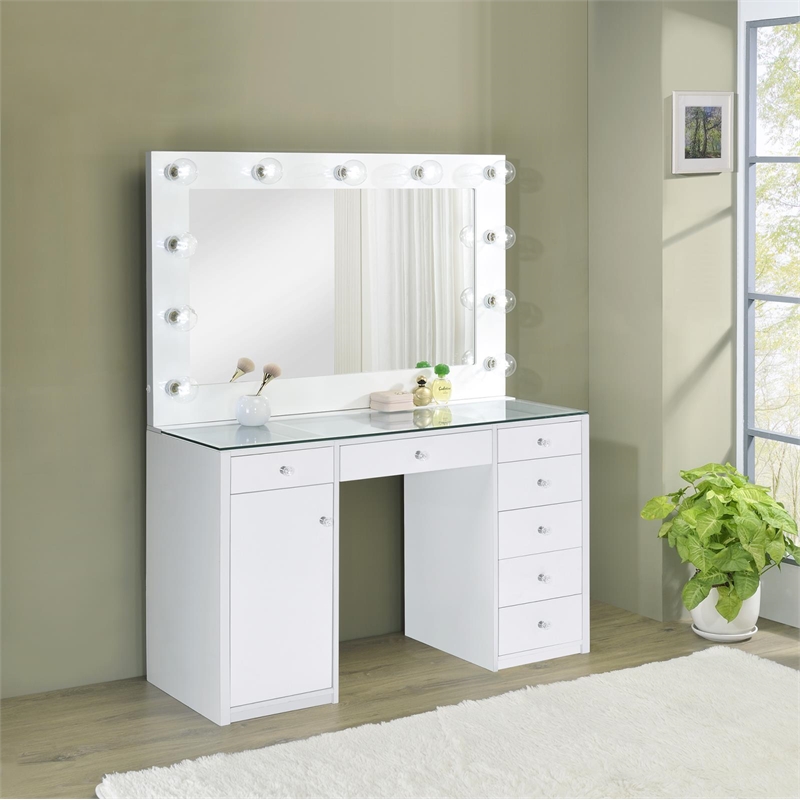 Pemberly Row 7-drawer Vanity Set with Lighting in White High Gloss