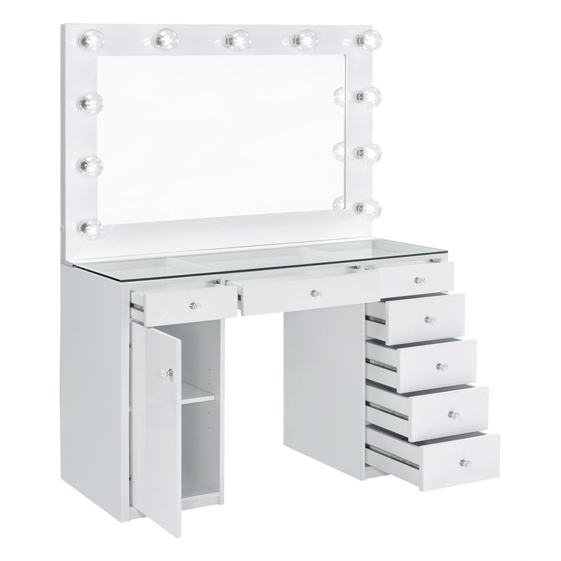 Pemberly Row 7-drawer Vanity Set with Lighting in White High Gloss