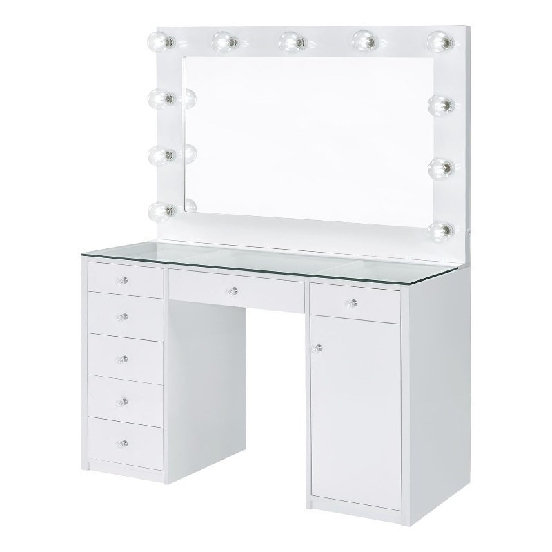 Pemberly Row 7-drawer Vanity Set with Lighting in White High Gloss
