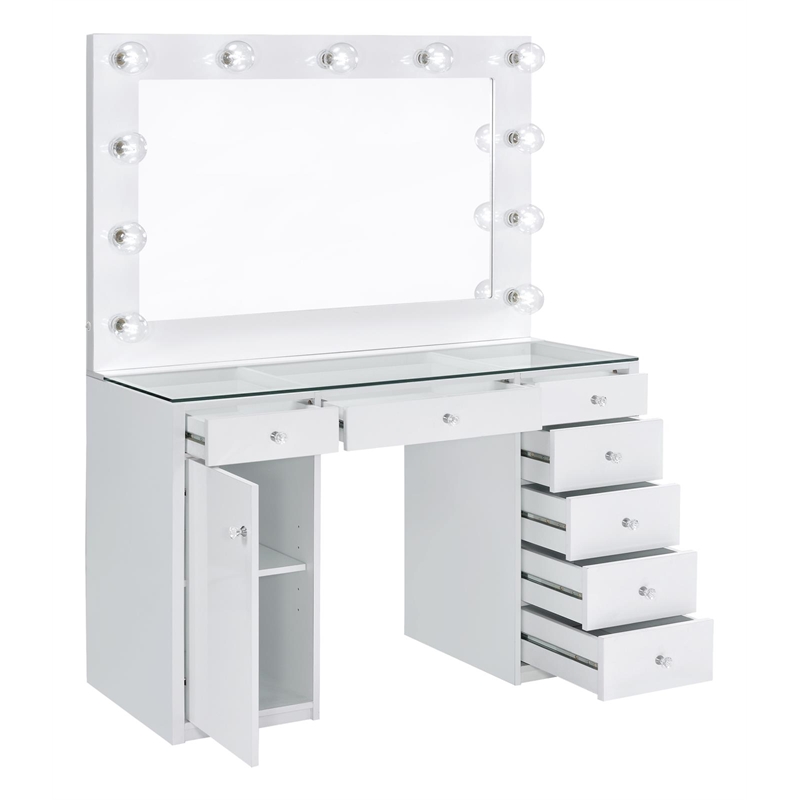 Pemberly Row 7-drawer Vanity Set with Lighting in White High Gloss