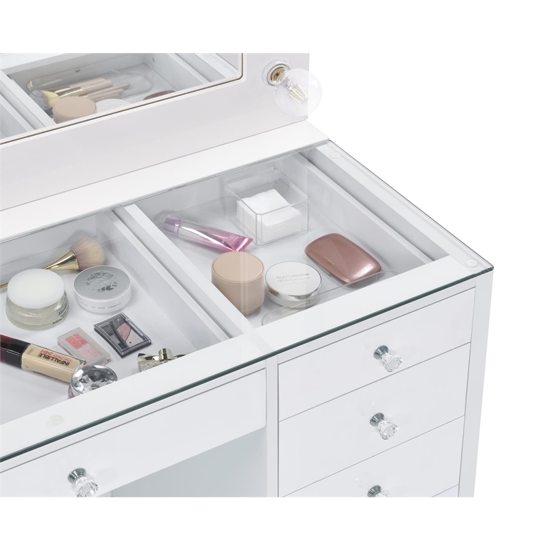 Pemberly Row 7-drawer Vanity Set with Lighting in White High Gloss