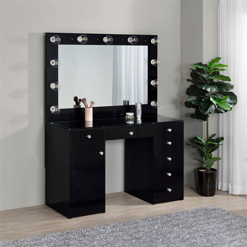 Pemberly Row 7-drawer Vanity Set with Lighting in Black High Gloss