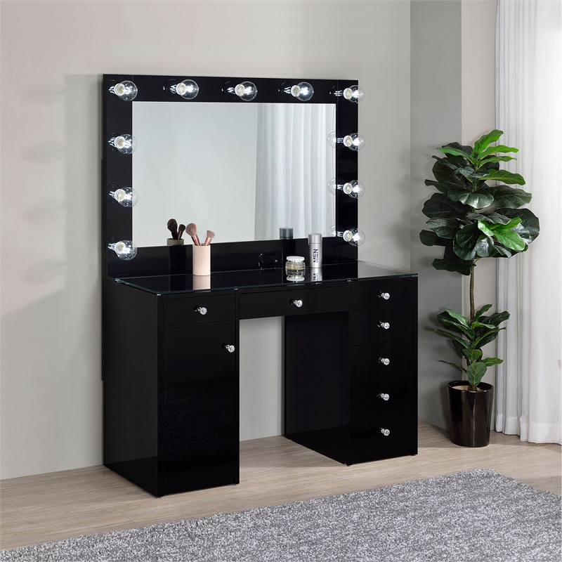 Pemberly Row 7-drawer Vanity Set with Lighting in Black High Gloss