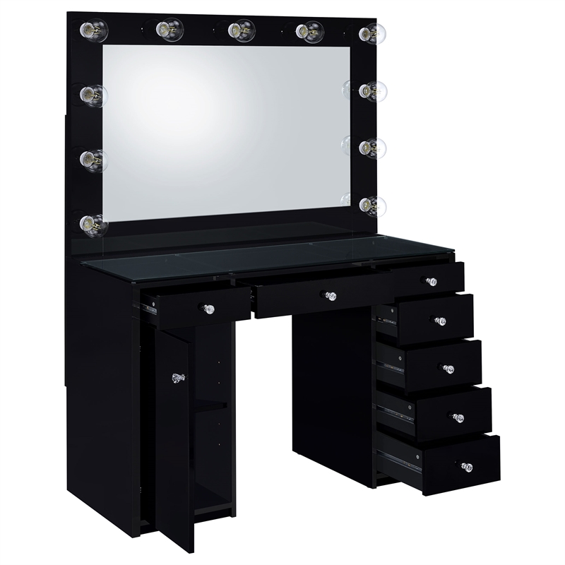 Pemberly Row 7-drawer Vanity Set with Lighting in Black High Gloss