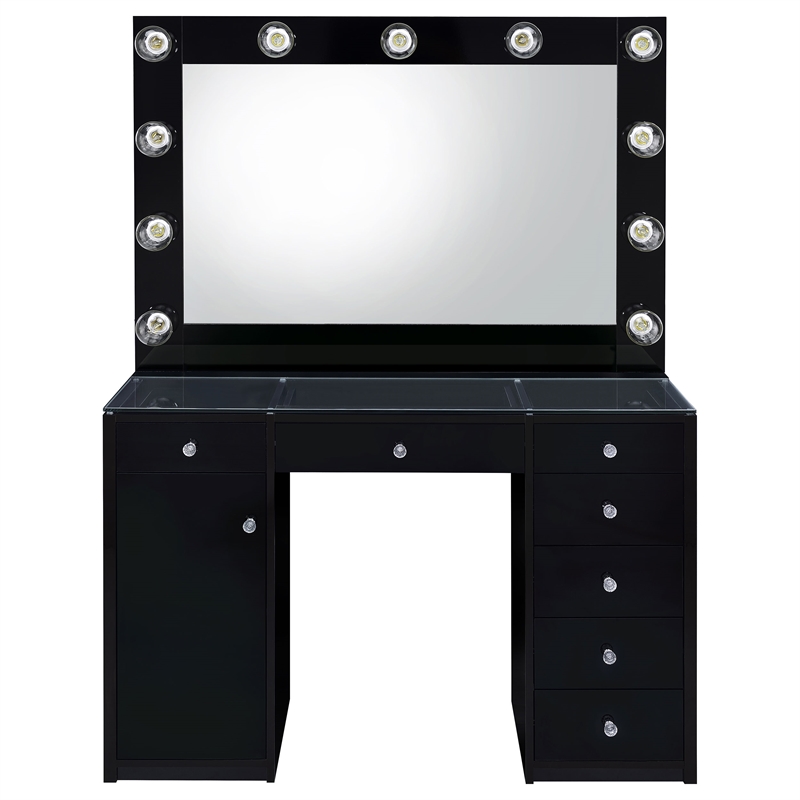 Pemberly Row 7-drawer Vanity Set with Lighting in Black High Gloss