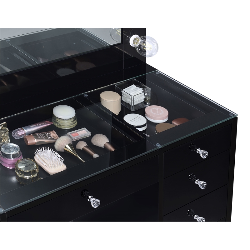 Pemberly Row 7-drawer Vanity Set with Lighting in Black High Gloss