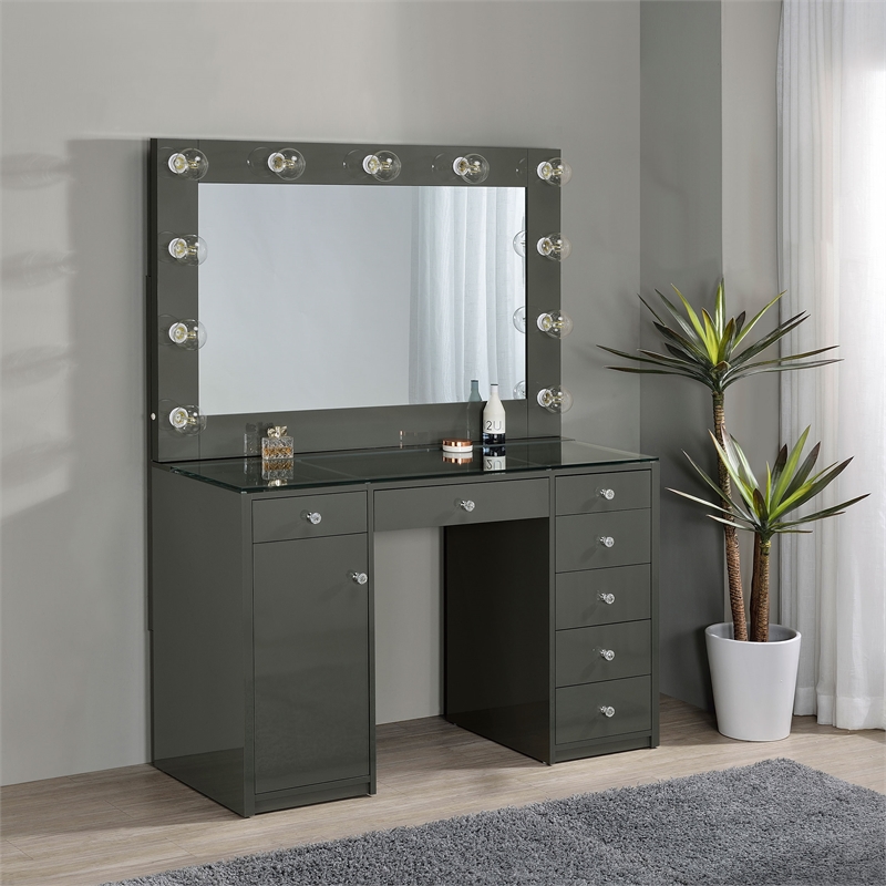 Pemberly Row 7-drawer Vanity Set with Lighting in Grey High Gloss