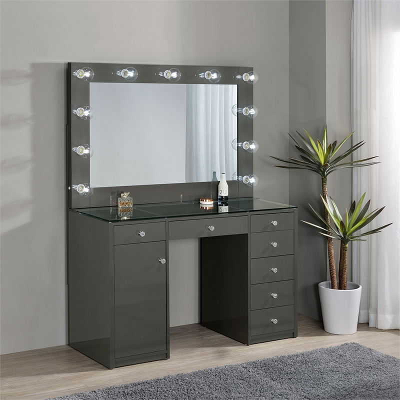Pemberly Row 7-drawer Vanity Set with Lighting in Grey High Gloss