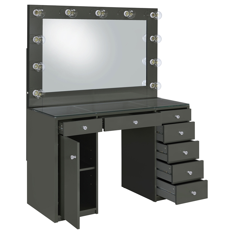 Pemberly Row 7-drawer Vanity Set with Lighting in Grey High Gloss