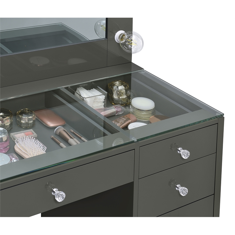 Pemberly Row 7-drawer Vanity Set with Lighting in Grey High Gloss